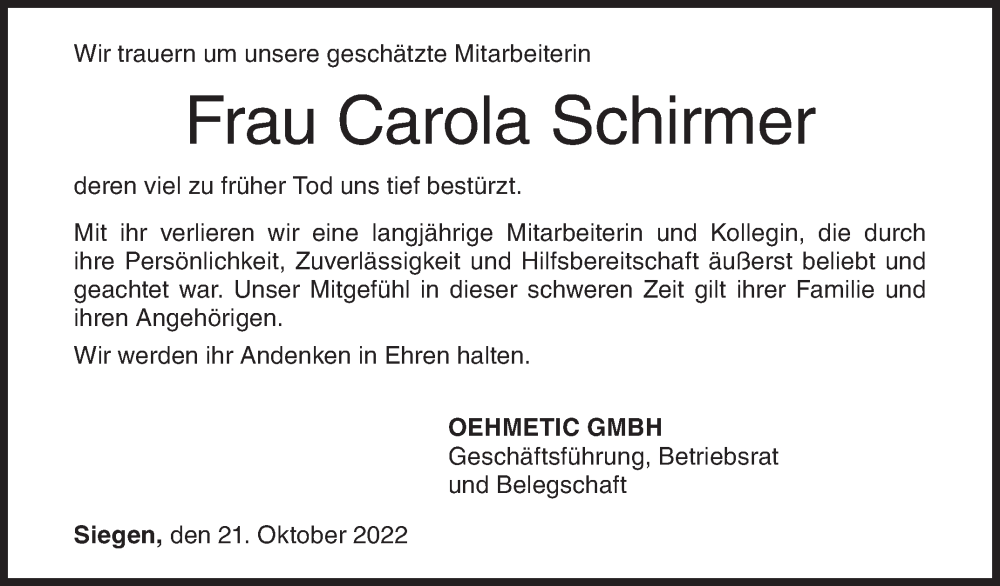  Traueranzeige für Carola Schirmer vom 21.10.2022 aus Siegener Zeitung