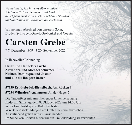 Traueranzeige von Carsten Grebe von Siegener Zeitung