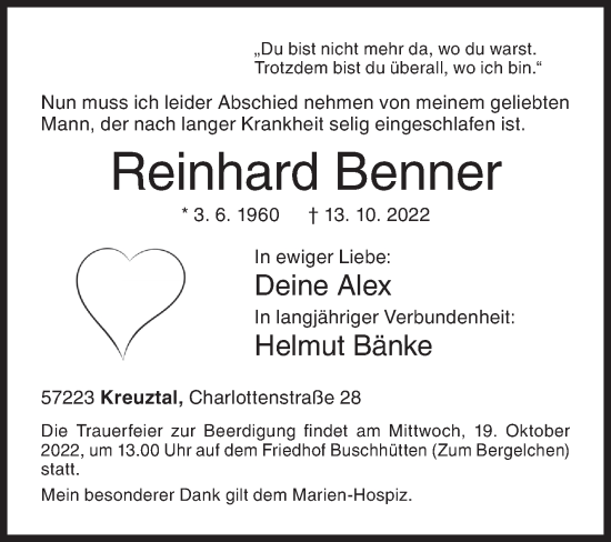 Traueranzeige von Reinhard Benner 
