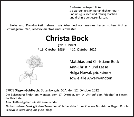 Traueranzeige von Christa Bock von Siegener Zeitung