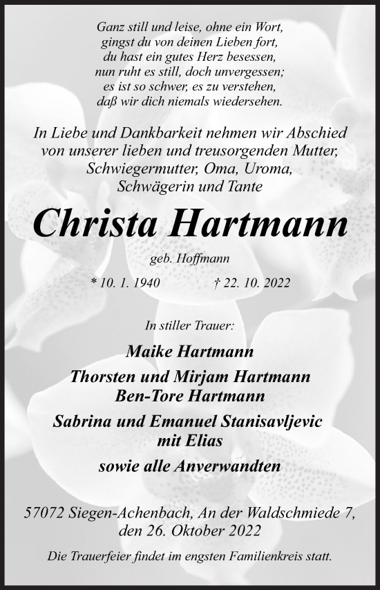Traueranzeige von Christa Hartmann von Siegener Zeitung