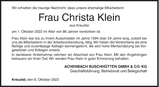 Traueranzeige von Christa Klein von Siegener Zeitung