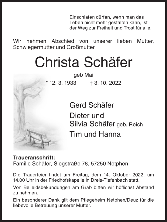 Traueranzeige von Christa Schäfer von Siegener Zeitung