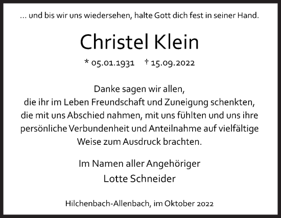 Traueranzeige von Christel Klein von Siegener Zeitung