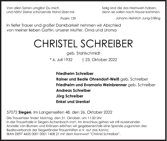 Traueranzeige von Christel Schreiber von Siegener Zeitung