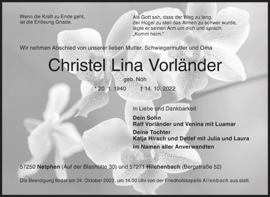 Traueranzeige von Christel Lina Vorländer von Siegener Zeitung