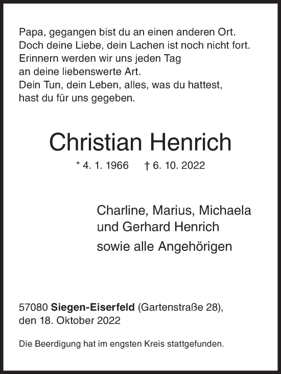Traueranzeige von Christian Henrich von Siegener Zeitung