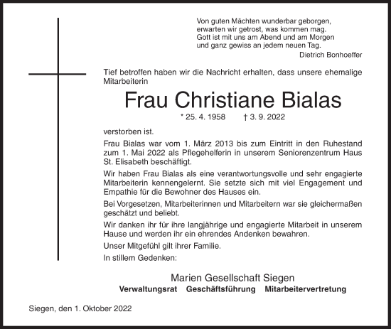Traueranzeige von Christiane Bialas von Siegener Zeitung