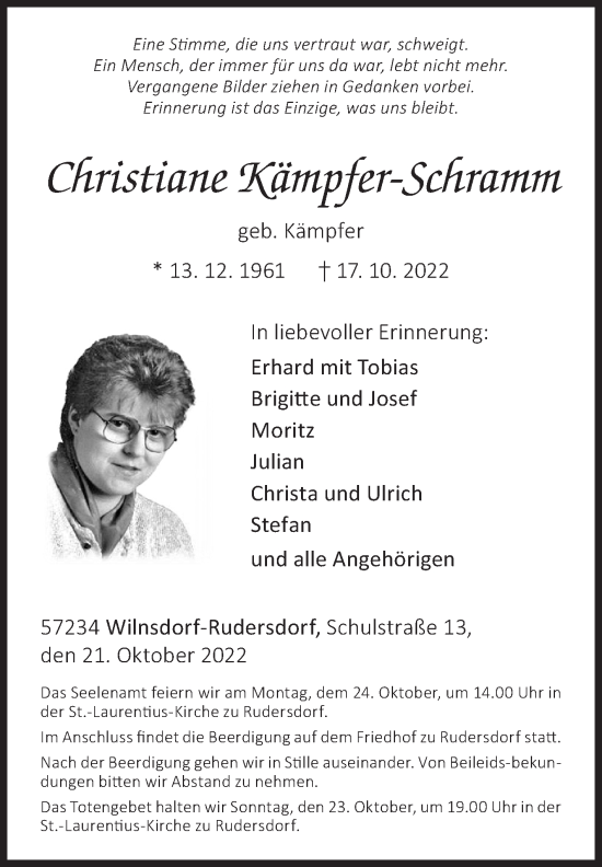 Traueranzeige von Christiane Kämpfer-Schramm von Siegener Zeitung