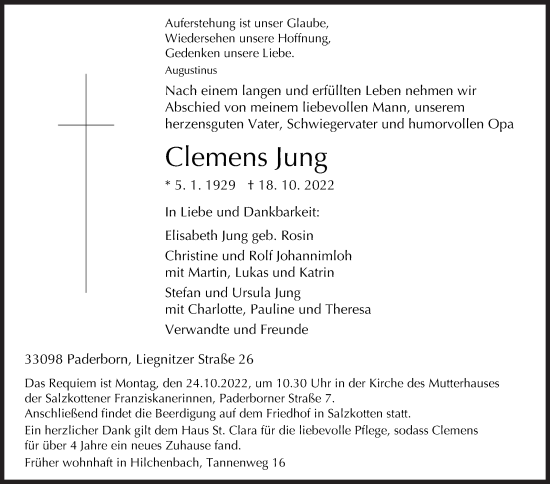 Traueranzeige von Clemens Jung von Siegener Zeitung