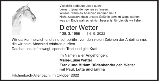 Traueranzeige von Dieter Wetter von Siegener Zeitung