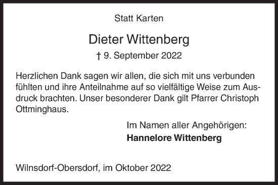 Traueranzeige von Dieter Wittenberg von Siegener Zeitung