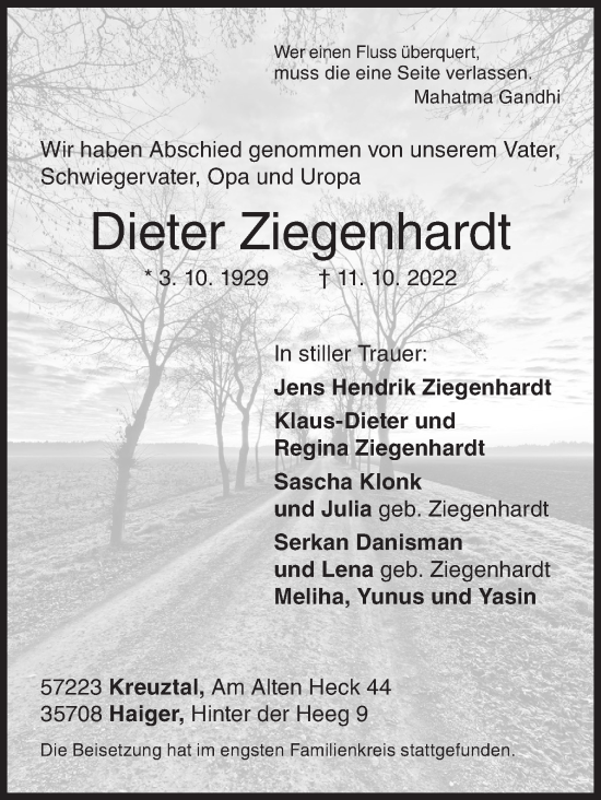 Traueranzeige von Dieter Ziegenhardt von Siegener Zeitung