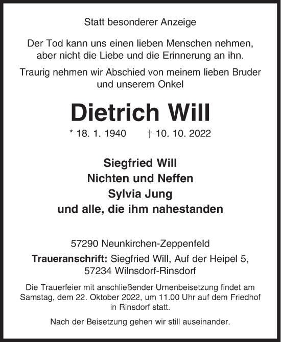 Traueranzeige von Dietrich Will von Siegener Zeitung