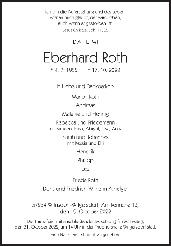 Traueranzeige von Eberhard Roth von Siegener Zeitung