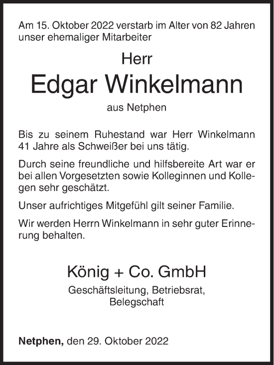 Traueranzeige von Edgar Winkelmann von Siegener Zeitung