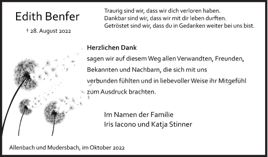 Traueranzeige von Edith Benfer von Siegener Zeitung