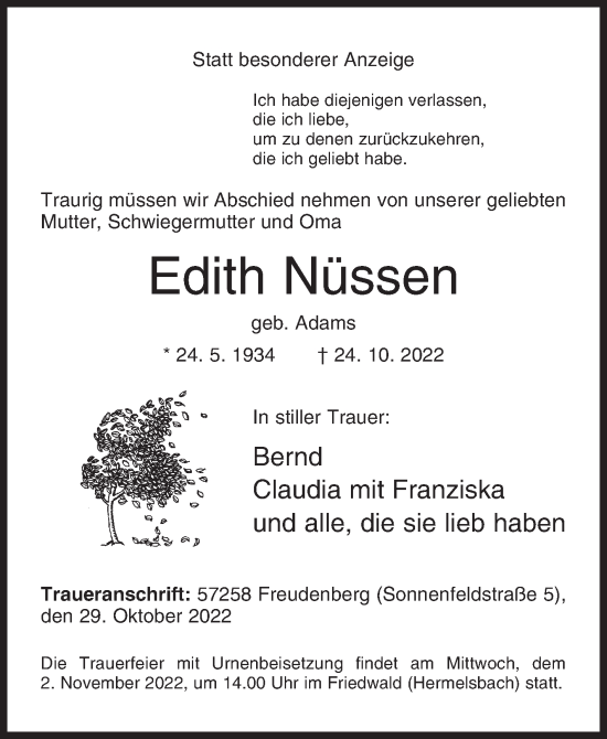 Traueranzeige von Edith Nüssen von Siegener Zeitung