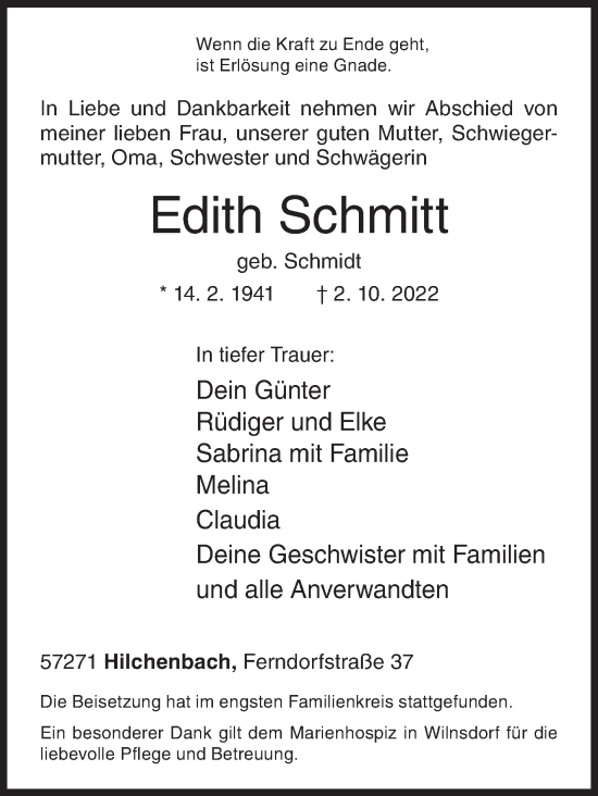 Traueranzeige von Edith Schmitt von Siegener Zeitung