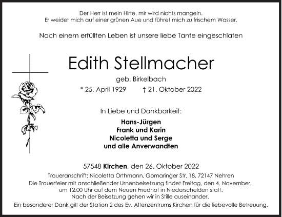 Traueranzeige von Edith Stellmacher von Siegener Zeitung