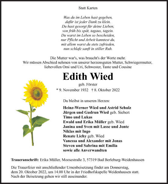 Traueranzeige von Edith Wied von Siegener Zeitung