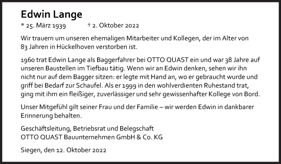 Traueranzeige von Edwin Lange von Siegener Zeitung