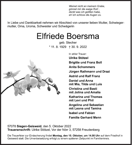 Traueranzeige von Elfriede Boersma von Siegener Zeitung