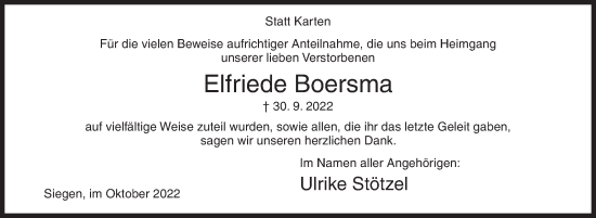 Traueranzeige von Elfriede Boersma von Siegener Zeitung