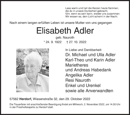 Traueranzeige von Elisabeth Adler von Siegener Zeitung