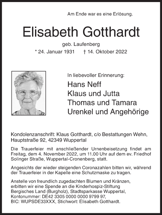 Traueranzeige von Elisabeth Gotthardt von Siegener Zeitung