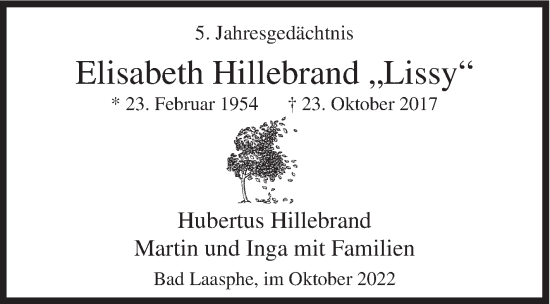 Traueranzeige von Elisabeth Hillebrand von Siegener Zeitung