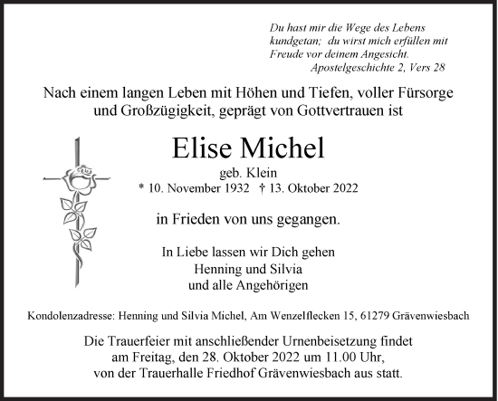 Traueranzeige von Elise Michel von Siegener Zeitung