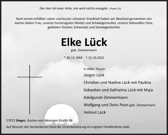 Traueranzeige von Elke Lück von Siegener Zeitung