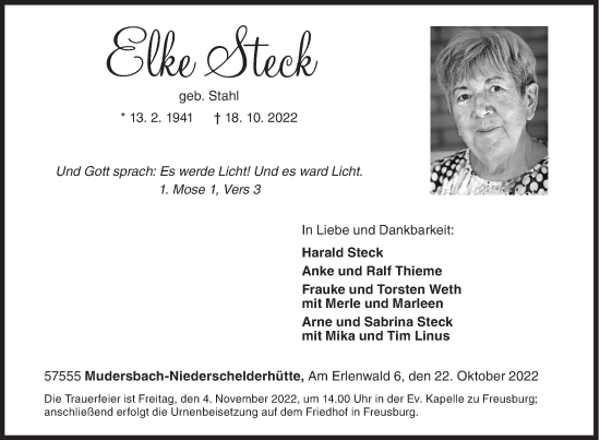 Traueranzeige von Elke Steck von Siegener Zeitung