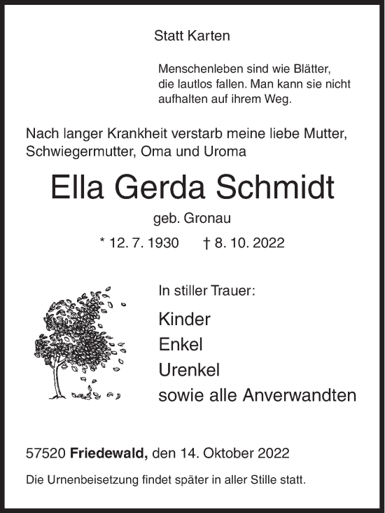 Traueranzeige von Ella Gerda Schmidt von Siegener Zeitung