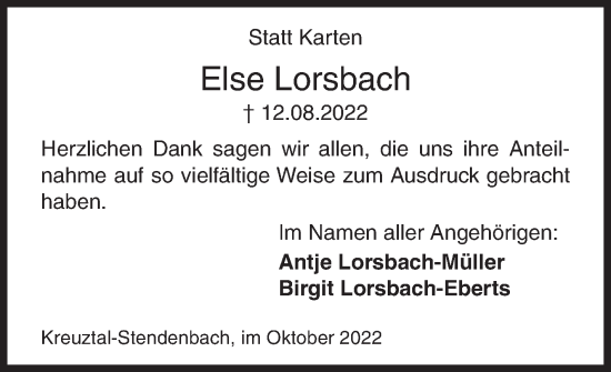 Traueranzeige von Else Lorsbach von Siegener Zeitung
