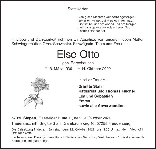 Traueranzeige von Else Otto von Siegener Zeitung