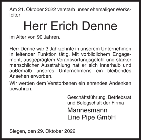Traueranzeige von Erich Denne von Siegener Zeitung
