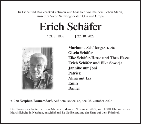 Traueranzeige von Erich Schäfer von Siegener Zeitung