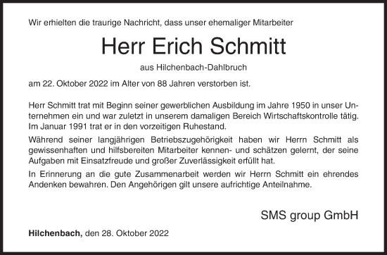 Traueranzeige von Erich Schmitt von Siegener Zeitung