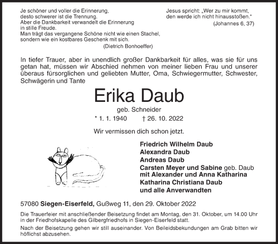 Traueranzeige von Erika Daub von Siegener Zeitung