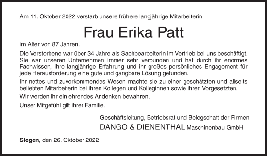 Traueranzeige von Erika Patt von Siegener Zeitung