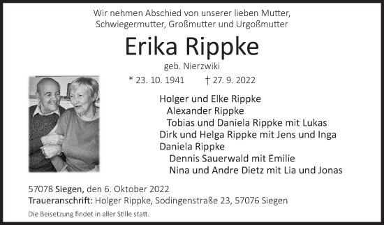 Traueranzeige von Erika Rippke von Siegener Zeitung
