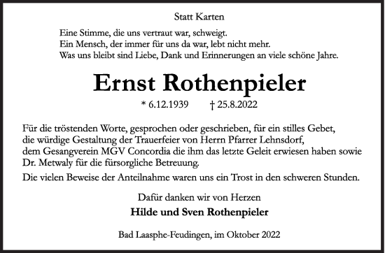 Traueranzeige von Ernst Rothenpieler von Siegener Zeitung