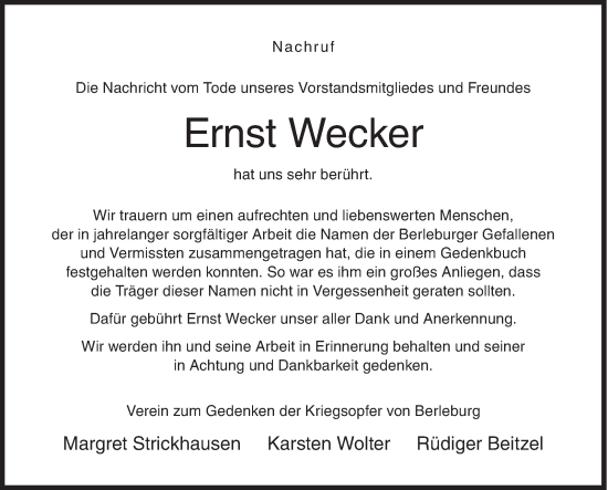 Traueranzeige von Ernst Wecker von Siegener Zeitung