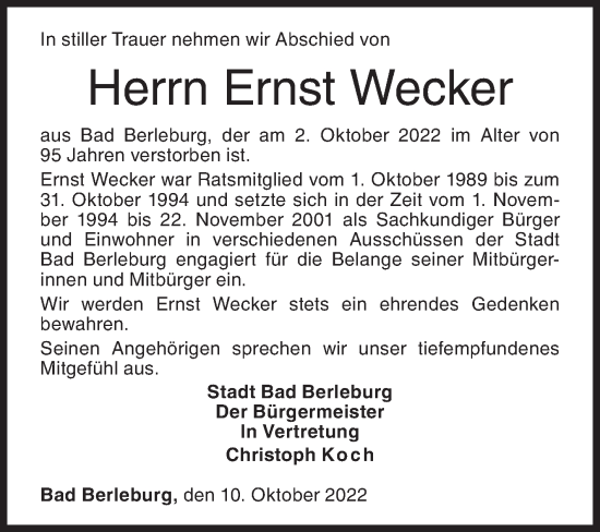 Traueranzeige von Ernst Wecker von Siegener Zeitung