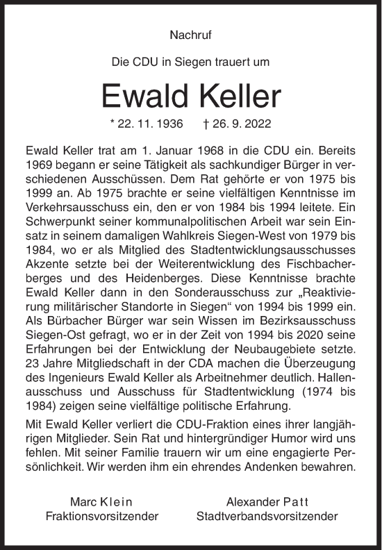 Traueranzeige von Ewald Keller von Siegener Zeitung