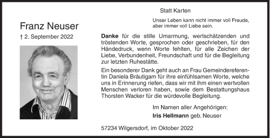 Traueranzeige von Franz Neuser von Siegener Zeitung