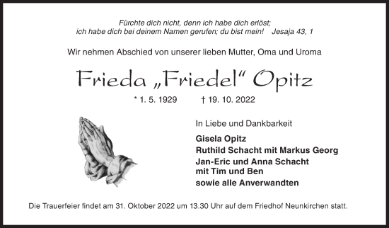 Traueranzeige von Frieda Opitz von Siegener Zeitung