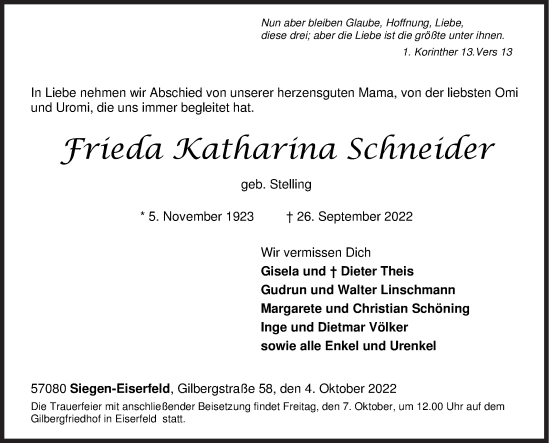 Traueranzeige von Frieda Katharina Schneider von Siegener Zeitung